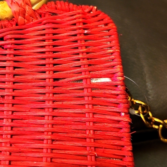Zara Rattan City Bag Round Handles Fake Bamboo Removable Chain Crossbody Red - Picture 10 of 11
